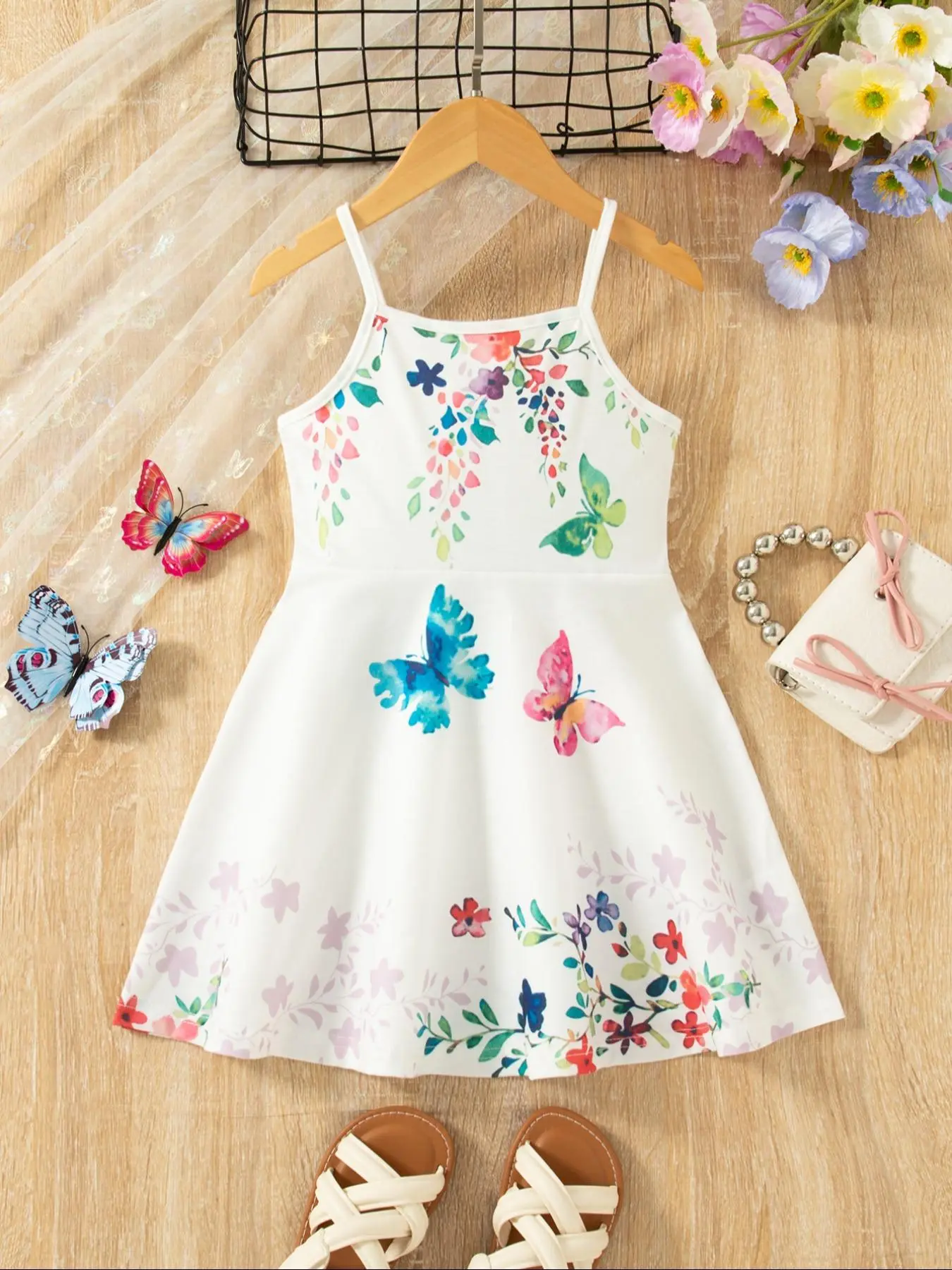 Girl's Butterfly Print Cami Dress, Casual Cute Sleeveless Spaghetti Strap Dress for Summer, Kids Clothes for Daily Wear