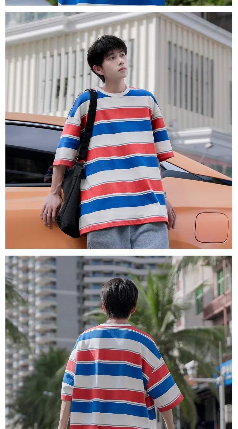 Product Introduction of 2024 Striped T-shirt Men's Short Sleeve Summer Fashion Brand Japanese College Style Loose Men's Half Sleeve T-shirt Menswear Top 3