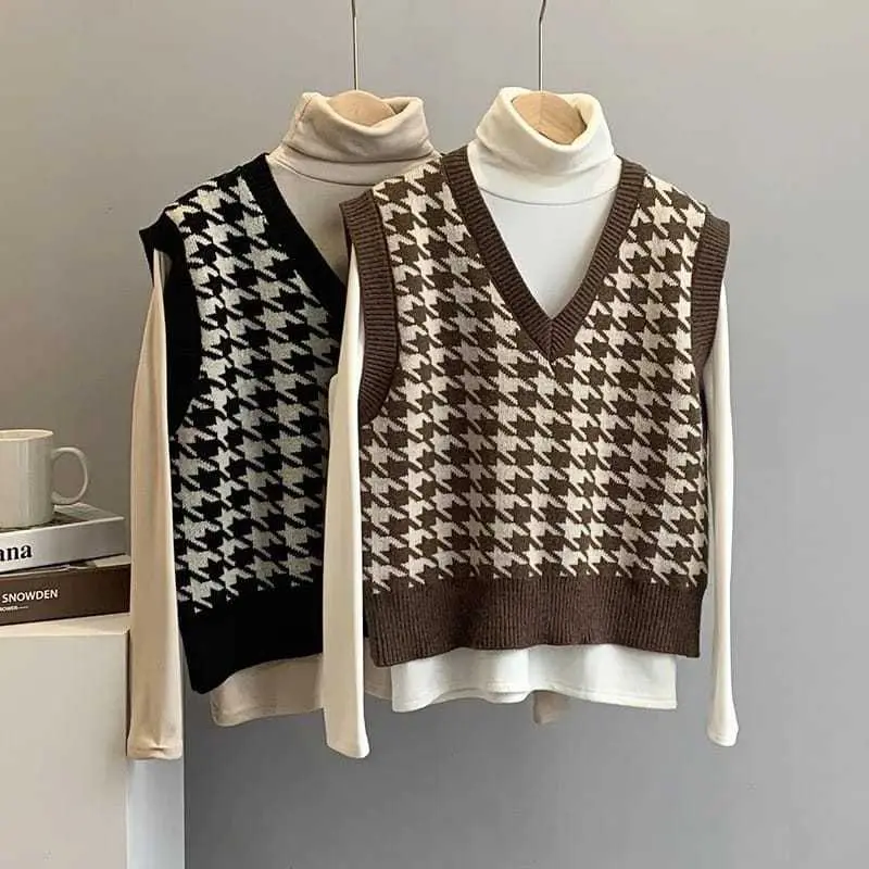 ROMPI JENNIE RAJUT HOUNDSTOOTH VEST Tebal Wanita Atasan V-Neck