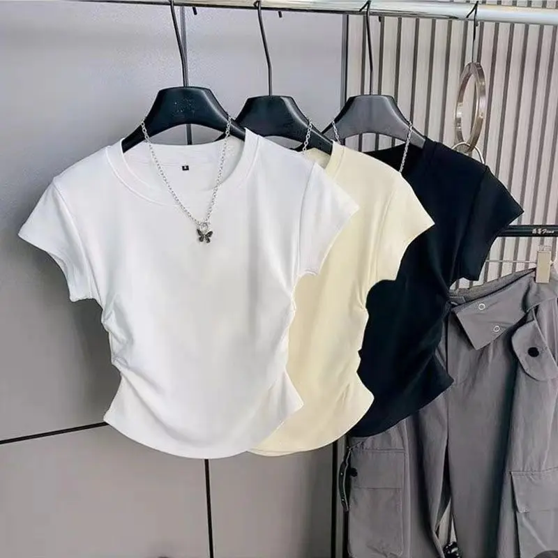 [1914 People Rated] 2025 Spring/Summer New Short Sleeve T-Shirt for Women Korean Fashion Niche Unique Slim Fit Slimming Round Neck Solid Color Top