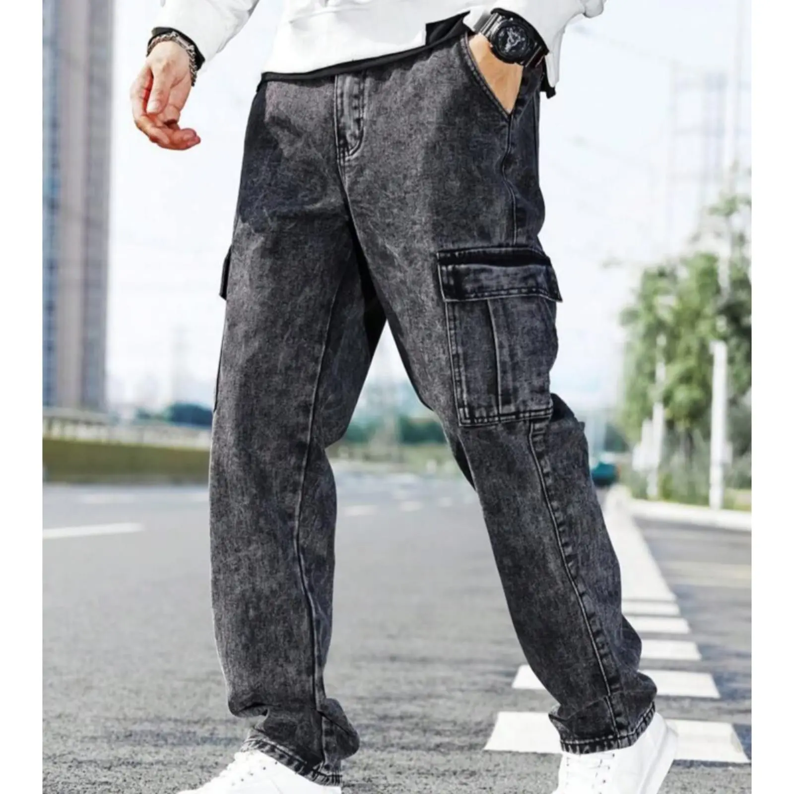 Loose Cargo Denim Jeans Pria Cargo Jeans Pria Panjang Tebal Nyaman