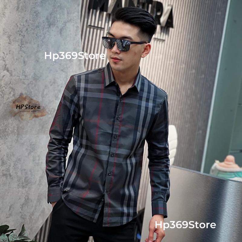Áo Sơ Mi Caro nhỏ Đen Xám Sọc Đỏ Nam Menswear Cotton Dài Tay Jean Shirt Navy Có Cổ