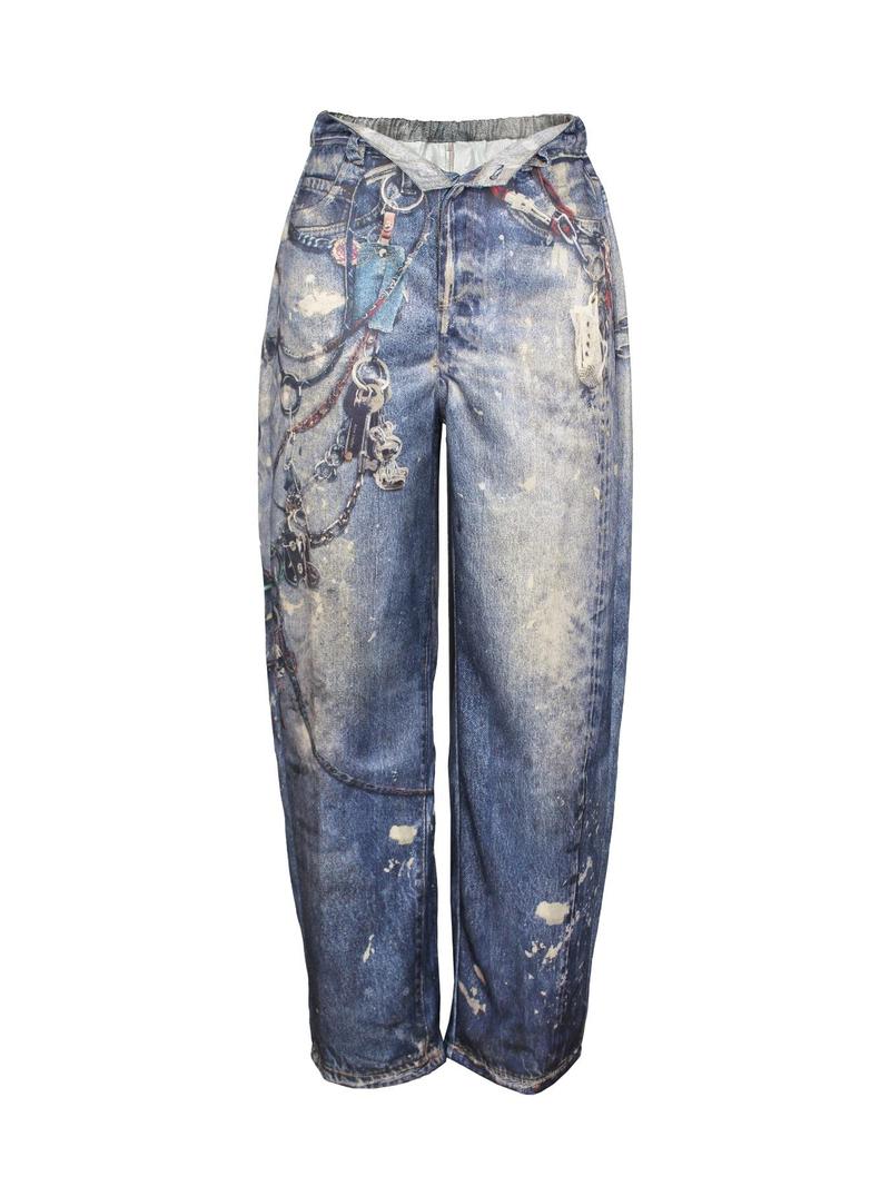 Product Introduction of Women's Denim-effect Print Button Fly  Straight Leg Pants, Casual Pocket Denim-effect Print Trousers for Daily Wear, Ladies Bottoms for All Seasons 3