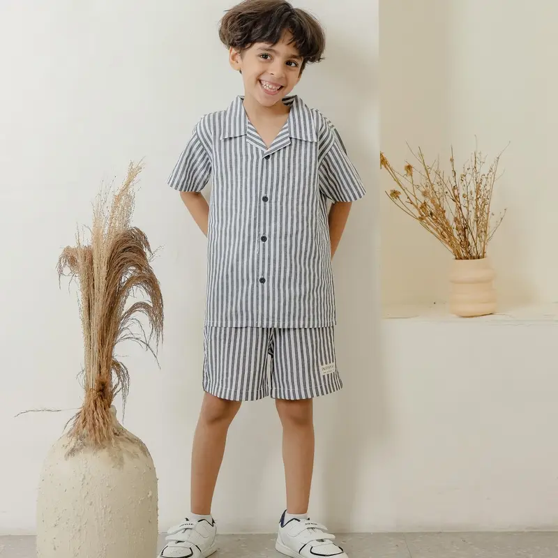 PEEWEE Kemeja lengan pendek anak laki-laki salur stripe striped open collar kerah terbuka anak Fashion 1-10 Tahun casual Multicoloured kaosanak polos 6