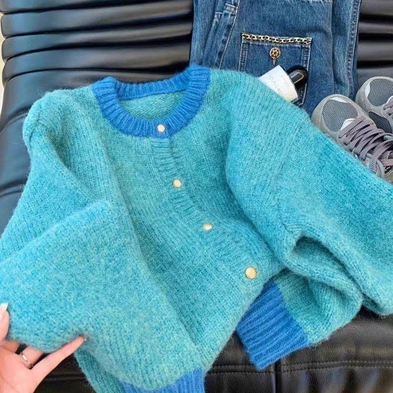 Áo Len Cardigan Dệt Kim, OOTD, Màu Xanh Dương, Cổ Tròn, Dành Cho Nữ, Mềm Mại Và Nếp, Phong Cách Thường Ngày Áo Khoác Ngắn, Áo Dài Tay, Thích Hợp Cho Mùa Thu Và Mùa Đông, 2024