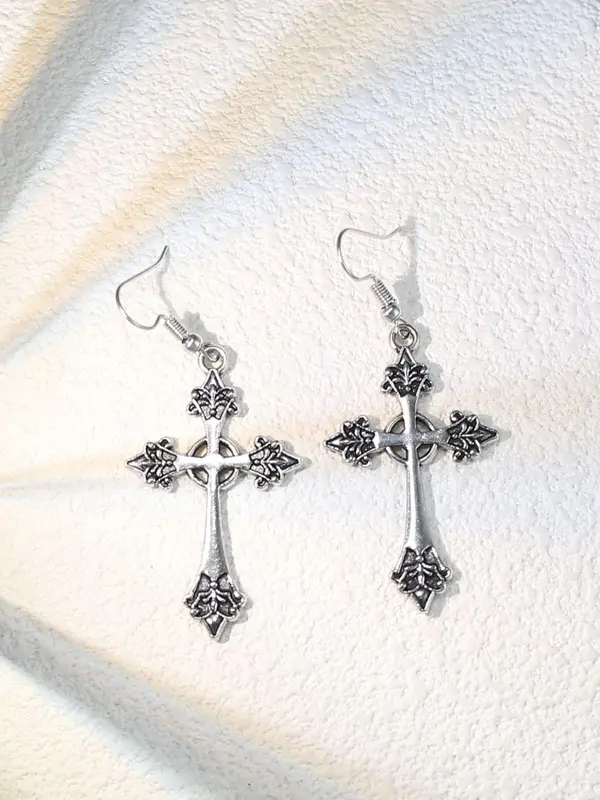 1 Pair Women's Street Trend Gothic Cross Dangle Earrings, Vintage Trendy Drop Earrings, Fashionable Jewelry As Birthday Gift for Girlfriend 2