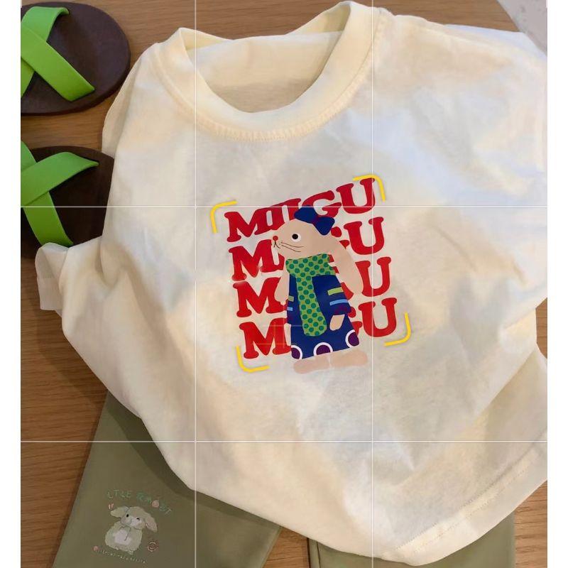 Product Introduction of Summer clothing new cotton short sleeved T-shirt for boys and girls, stylish cartoon bunny print, loose baby top for small and medium-sized children 20