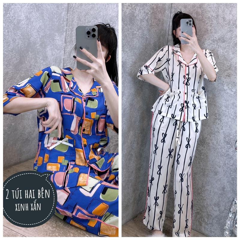Đồ bộ tole nữ, bộ lanh mặc nhà Pyjama quần dài, áo tay lửng 2 túi nơ F21 VNXK SHOP5SAO (43-75kg) Women