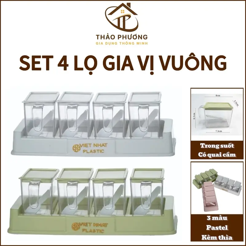 hủ đựng gia vị Lọ Gia Vị Có Muỗng Bộ 4 lọ gia vị có thìa muỗng nhựa Việt Nhât 2939 , có khay đế 0