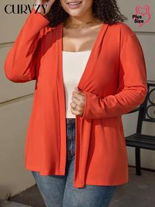 CURVZY Plus Size Solid Drop Shoulder Long Sleeve Autumn Aesthetic Open Front Coat, Casual Longline Outerwear for Daily Wear, Women's Plus Clothing for All Seasons