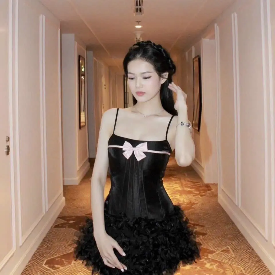Đầm body 2 dây tùng kết hoa + nơ (có ảnh thật ở cuối)