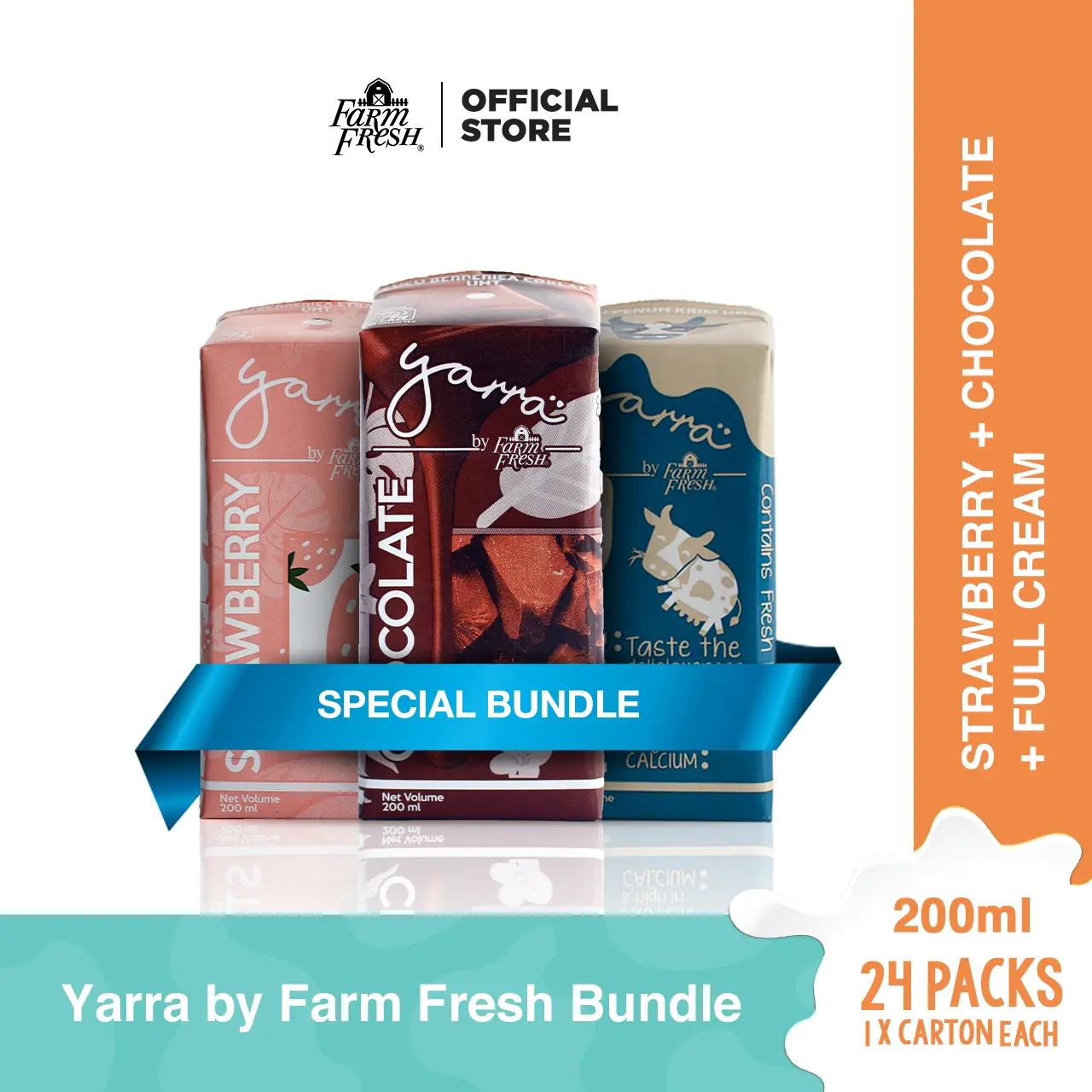 Yarra by Farm Fresh UHT  Chocolate Milk + Yarra by Farm Fresh UHT Full Cream Milk + Yarra by Farm Fresh UHT Strawberry  Milk 200ml x 24 Packs each