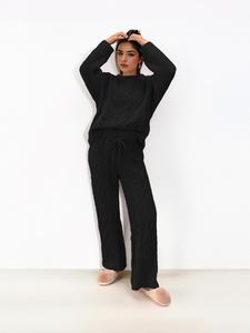 Women's Solid Cable Knit Drop Shoulder Sweater & Drawstring Waist Pants Two-Piece Set, Casual Fashion Cozy Knitwear Set for Daily Outdoor Wear, Co-ord Sets, Women's Knitwear for Fall & Winter