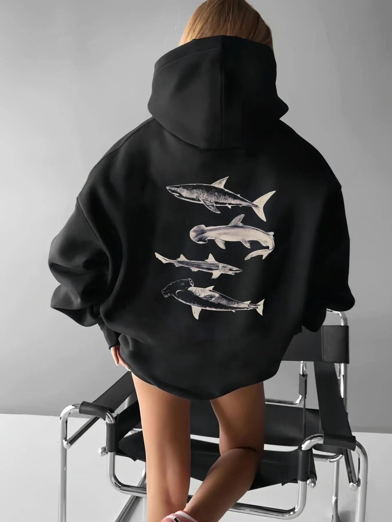 Women's Shark Print Drop Shoulder Hoodie, Fashion Casual Drawstring Pocket Hooded Sweatshirt for Daily Holiday Outdoor Wear, Women Clothing for Fall & Winter