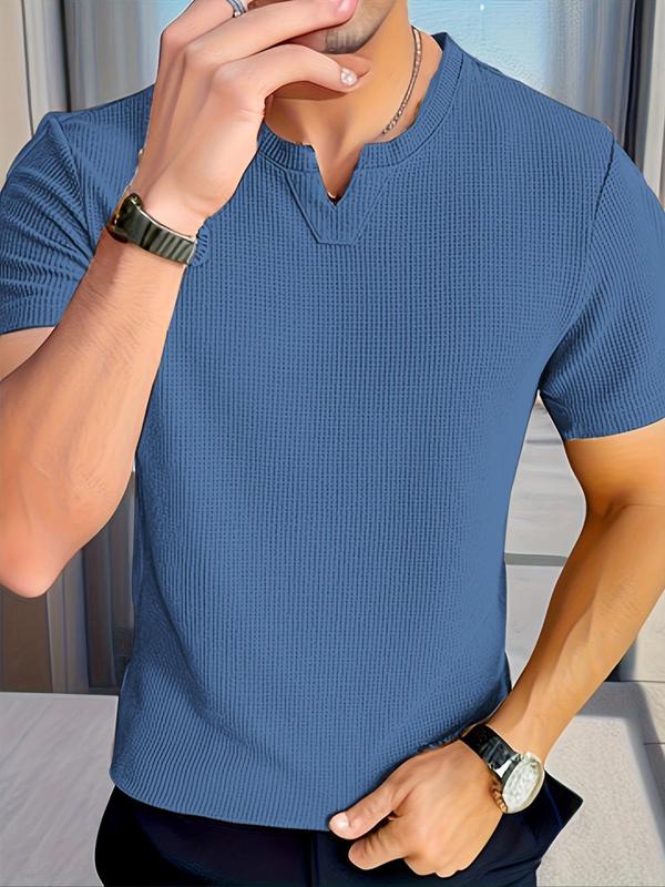 Men's Regular Fit Plain Notched Neck Waffle Knit Tee, Casual Short Sleeve T-shirt for Summer, Clothing, Men's Top for Daily Wear 4