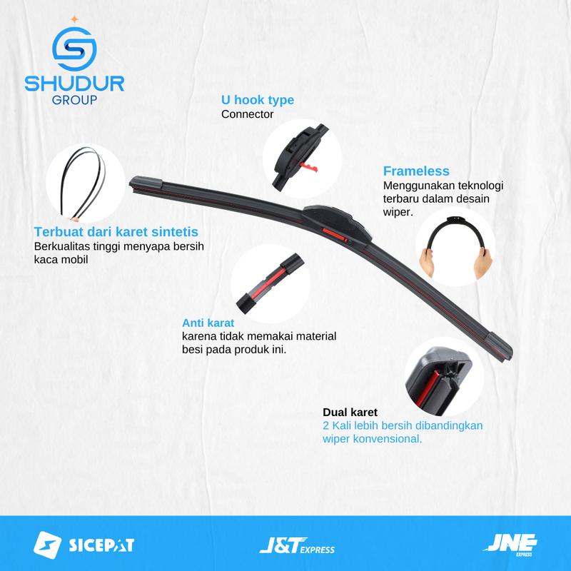 Shudur Group Wiper Mobil Double Blade 2 Lapis Karet Frameless Model Dual Blade Windshield Tanpa Rangka Besi Untuk Semua Jenis Kendaraan Mobil Kiri dan Kanan Universal Bonus 5 Produk 7