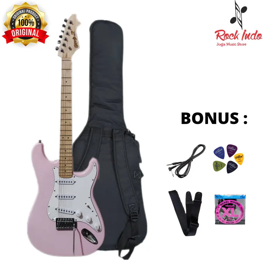 Gitar Elektrik Difergio Original Listrik Body Alder Neck Mapel 6 Senar Model Stratocaster Warna Pink FREE Packing Kayu