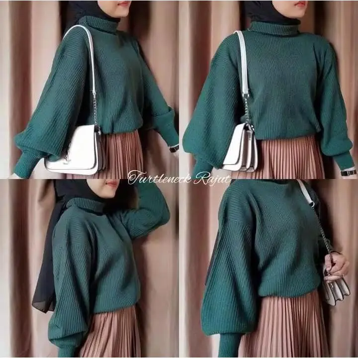 RAJUT TURTLENECK KERAH TINGGI BLOUSE LENGAN BALON SWEATER KERAH TINGGI LEMBUT TEBAL TOP BLOUSE SANTAI Atasan Wanita