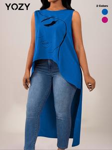 YOZY Women's Face Print High Low Hem Tank Top, Casual Sleeveless Top for Summer, Ladies Clothes for Daily Wear