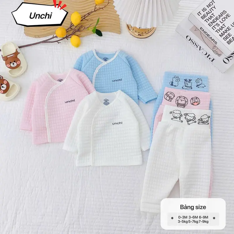 Bộ quần áo trần bông bé trai bé gái sơ sinh Unchi in hình cạp quần chất trần bông dầy ấm giữ nhiệt cho bé 0
