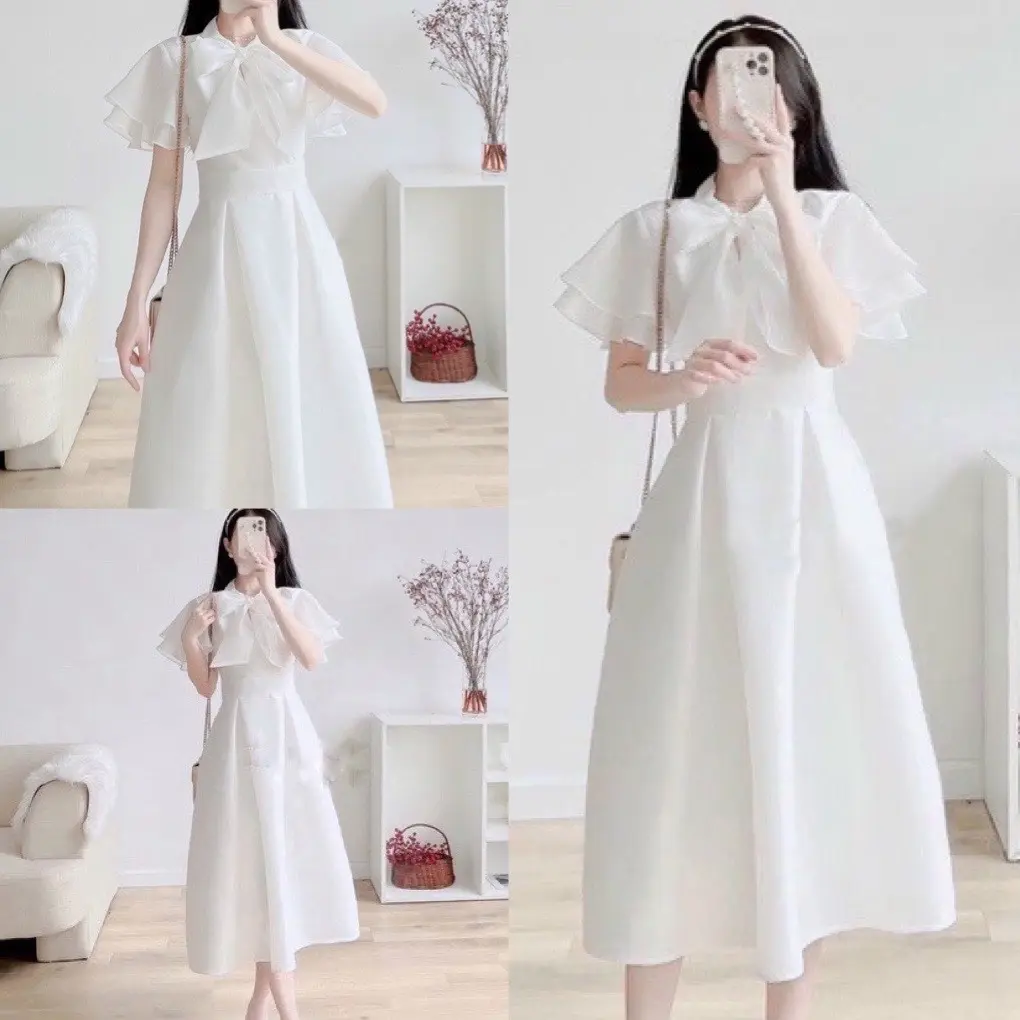 Váy công chúa đính nơ tay bèo cánh tiên chất voan dáng dài màu trắng, Đầm dự tiệc dáng xòe cổ nơ đi chơi kỷ yếu đám cưới, SUKA SHOP Nữ Women