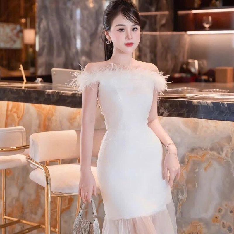 Váy Đầm Body Đi Bàn Tiệc Trễ Vai Phối Lông Vũ Chất Umi Phối Lưới Sang Chảnh Cao Cấp - Kinh Bắc Trend