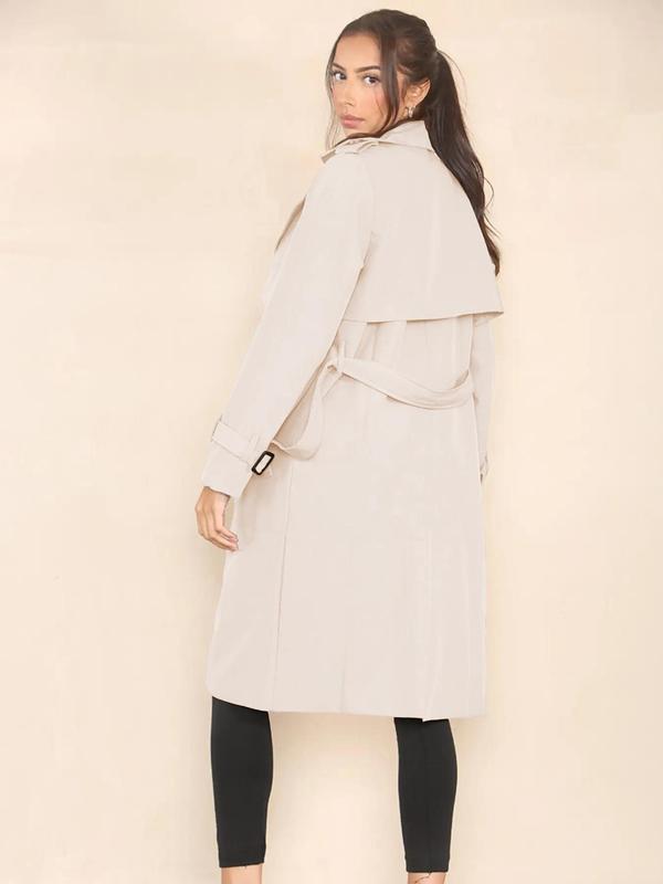 Women's Solid Double Button Belted Trench Coat, Elegant Lapel Neck Long Sleeve Coat for Fall & Winter, Women's Clothing for Daily Wear 5