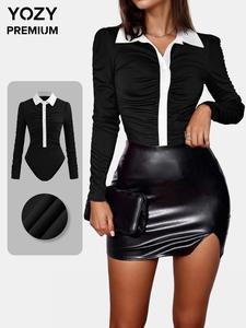YOZY Women's Contrast Binding Collared Bodysuit, Elegant Long Sleeve Bodysuit for Spring & Fall, Women's Clothes for Daily Wear