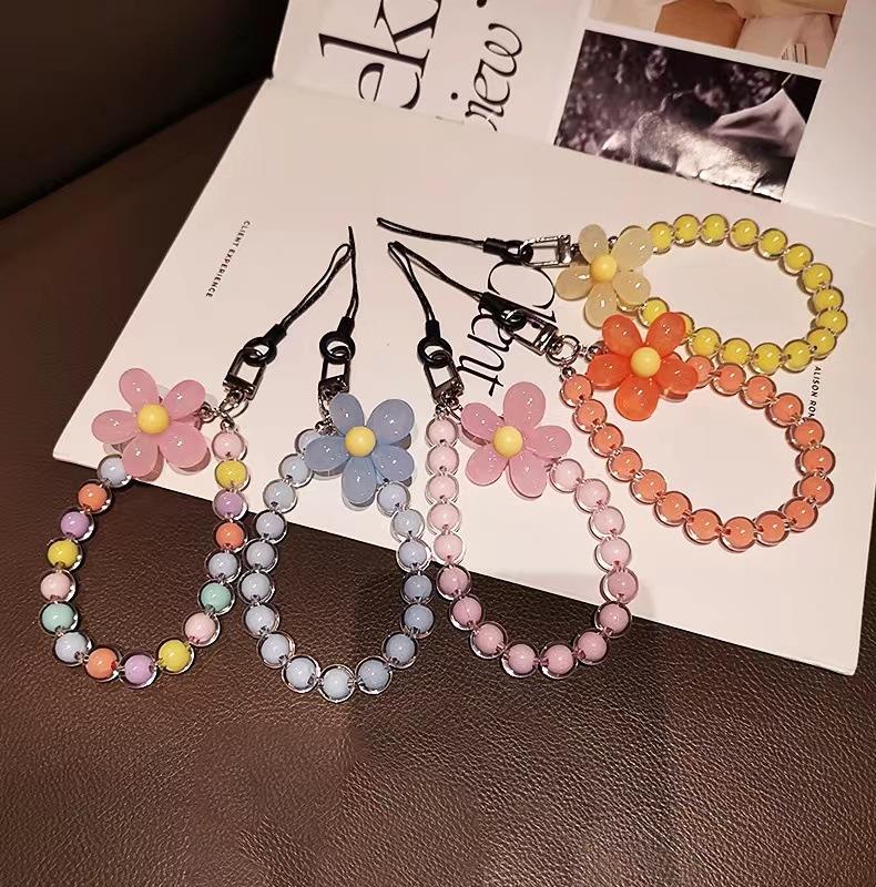 Product Introduction of Macaron Colorful Keychain Cell Phone Charm Handmade Pearl Flower Cell Phone Chain Wrist Rope 8
