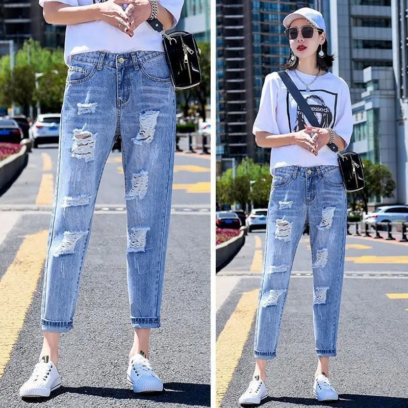 Women's ripped jeans New Korean style plus size loose cropped straight high waist slimming and wide leg harem daddy pants Womenswear Bottom