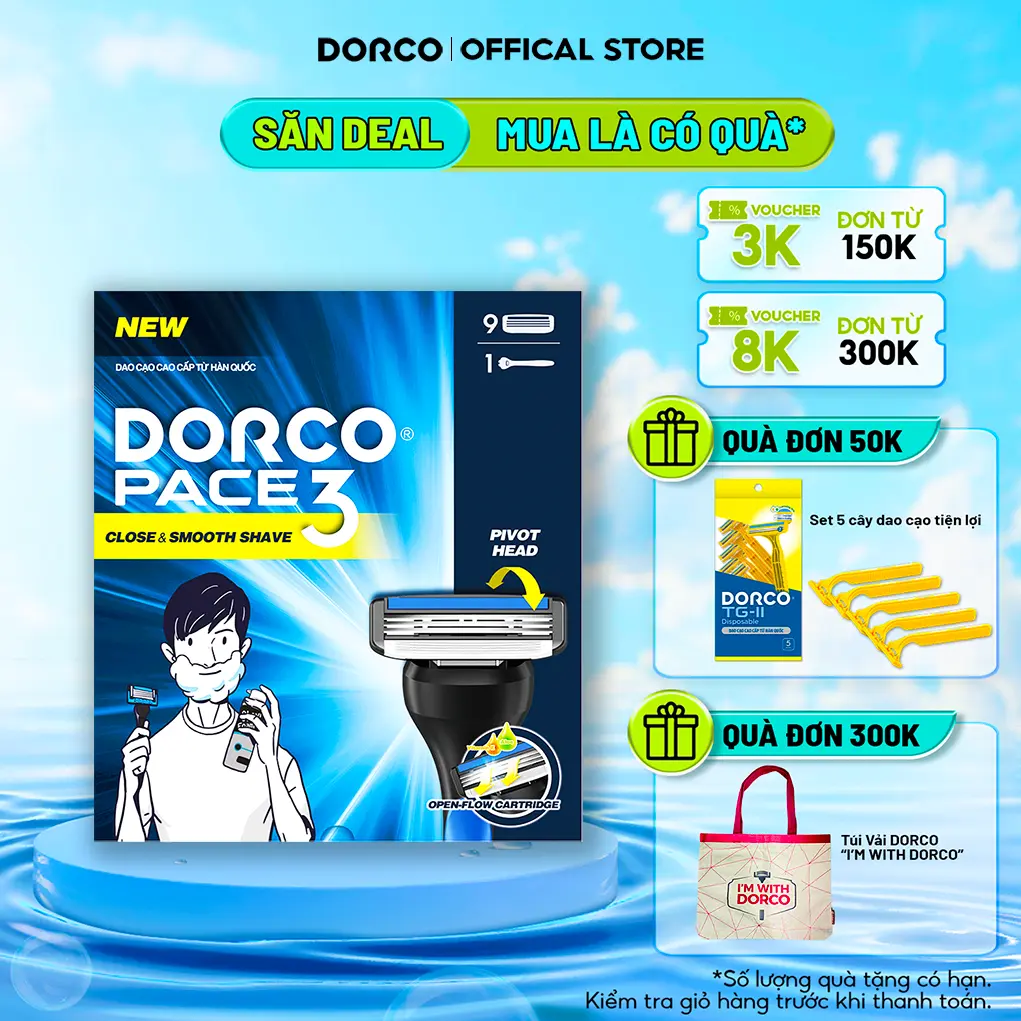 DORCO PACE 3 - Dao Cạo Râu 3 Lưỡi - Hộp Gồm 1 Cán và 9 Đầu Cạo