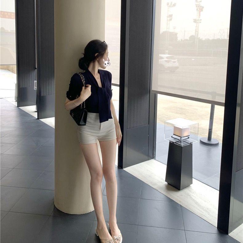 CQ-Korean Style Ribbon  Short-Sleeved Knitted T-shirt Women's Summer Waist Elegant Slightly Mature Style Chic Blue Top SS24 [1470] 4