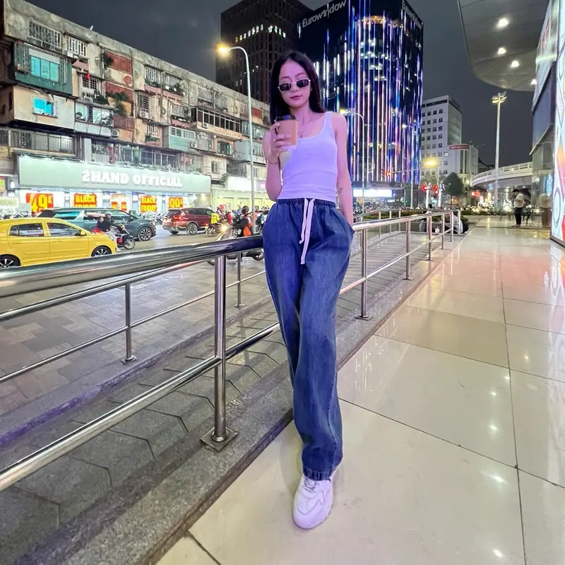 Quần Jeans Nữ Lưng Chun ống Suông Dây Rút Màu Dơ Free Size Dưới 65kg Tua Rua Ong Pants Women - Xưởng may Mỹ Nhung quan  jean qc 3