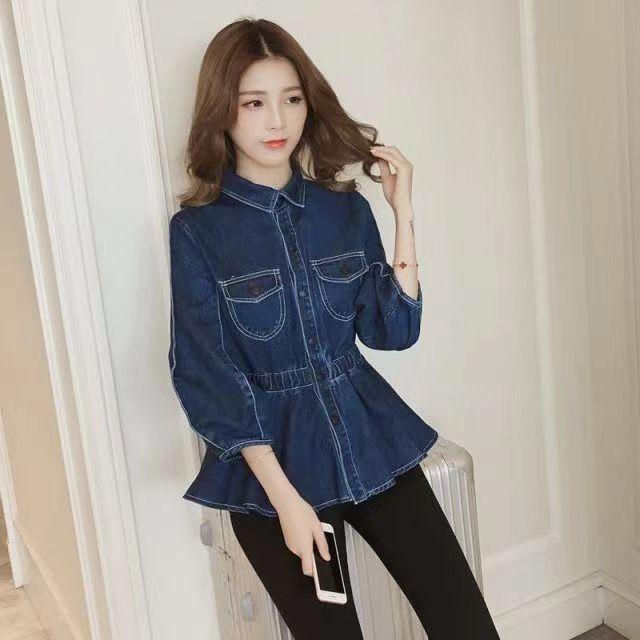 Product Introduction of [Denim jumper dress] shirt retro 2024 design denim new Hong Kong style elegant French top tight waist niche western style shirt jean sweater 7