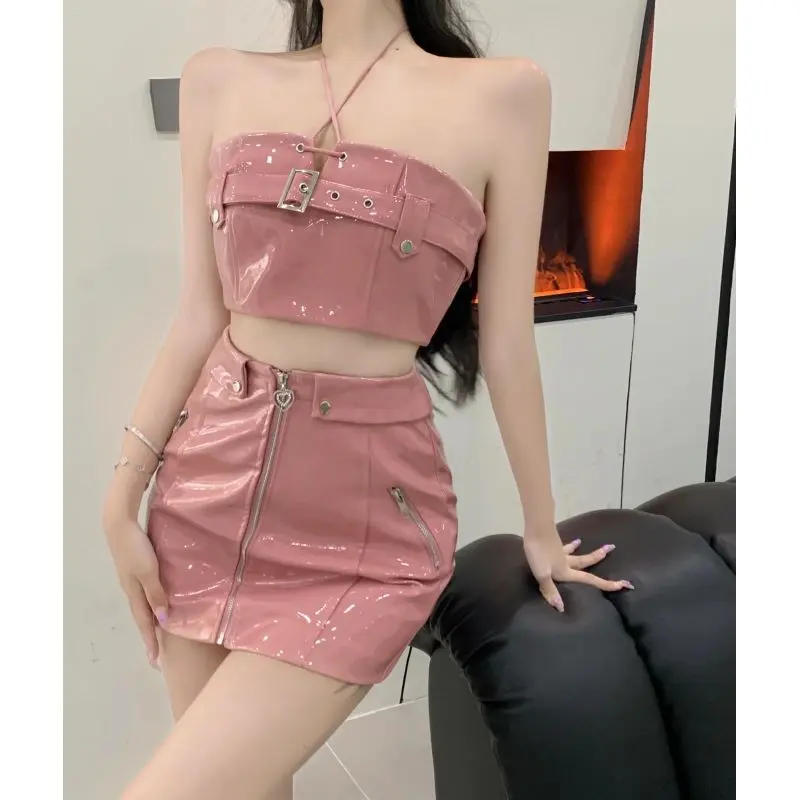 [Two-Piece Suit] Pure Desire Style Hot Girl Pink Short Tube Top Vest Female + High Waist Slim Sheath Leather Skirt