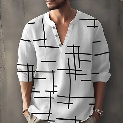Men's Geometric Pattern Geometry Shirt Linen Shirt Long Sleeve Fashion Streetwear Designer Street Daily Summer Spring Fall Stand Collar Print White Pink Blue Purple Green