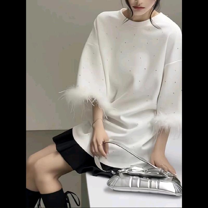 Váy suông_ gắn đá bling_ tay lông vũ_ vải mền qc Nữ Women Tim Nhung Trắng Top 1