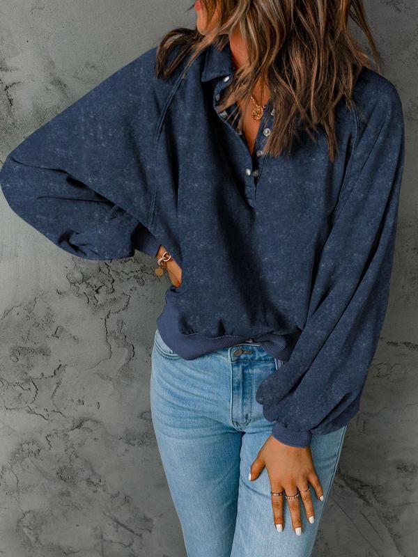 Women's Plain Button Front Lantern Sleeve Sweatshirt, Trendy Casual Trendy Long Sleeve Collared Pullover for Spring & Fall, Ladies Clothes for Daily Wear 9