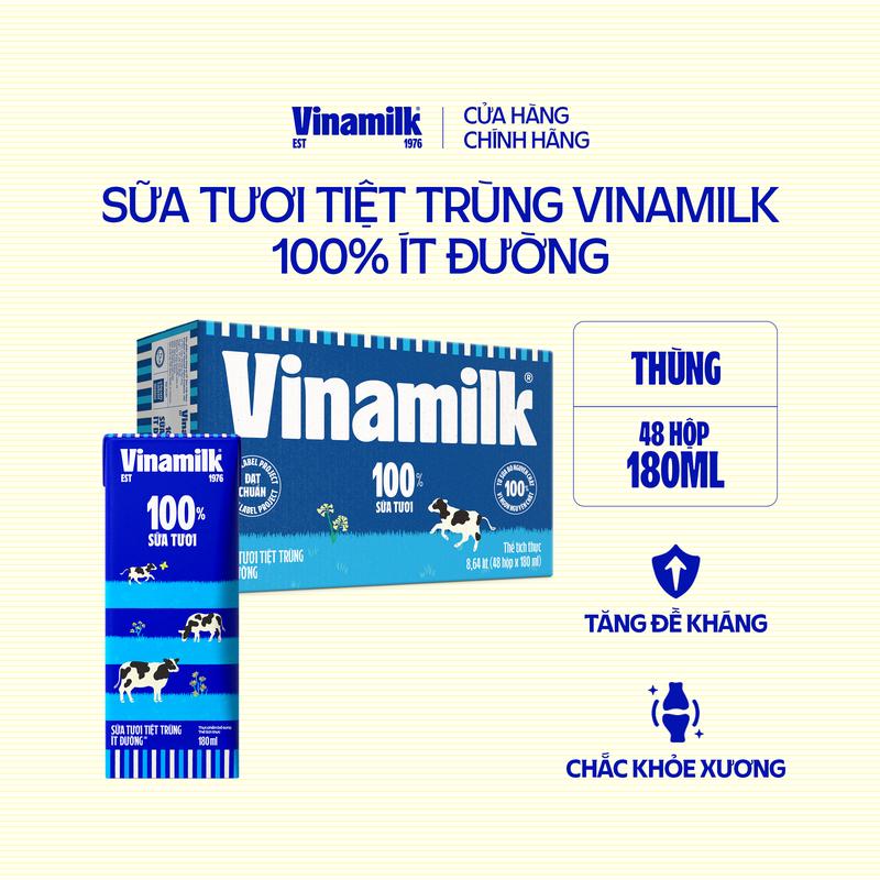 [CẬN DTAE] Thùng 48 Hộp Sữa tươi tiệt trùng Vinamilk 100% Ít Đường 180ml