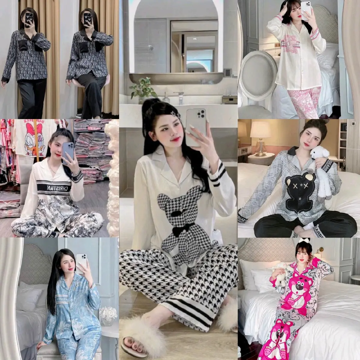 Bộ pijama tay dài quần dài chất liệu lụa xước ánh kim đồ bộ nữ Women