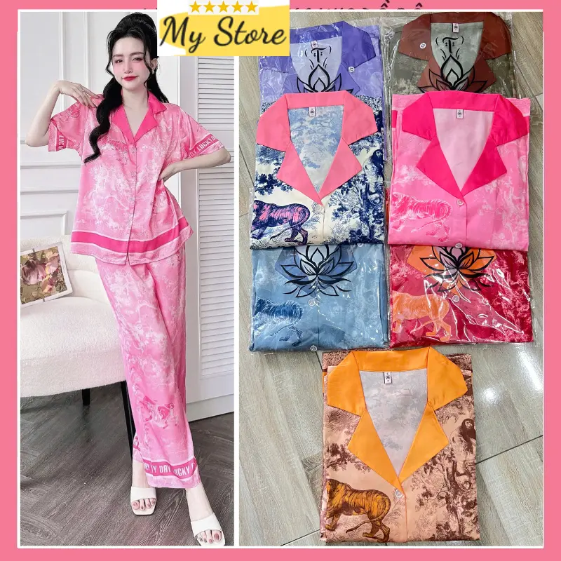 Đồ bộ pijama nữ mặc nhà tay ngắn quần dài in loang sang chảnh lụa latin mịn mát freesize dưới 62kg