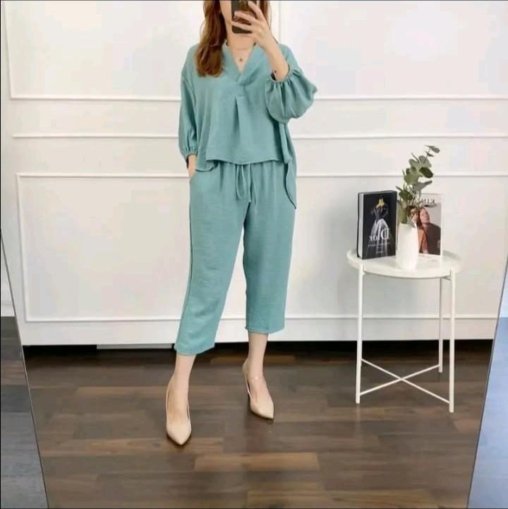 One set Luna crincle airflow Setelan Wanita Atasan Baju Celana Nyaman  Panjang Balon Crinkle Kerah Remaja 8