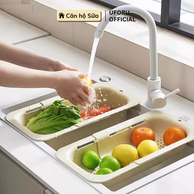 Rổ Nhựa Rửa Rau Củ Quả Gác Bồn Rửa Bát Có Lỗ Thoát Nước Thông Minh Điều Chỉnh Được Kích Thước - UF653