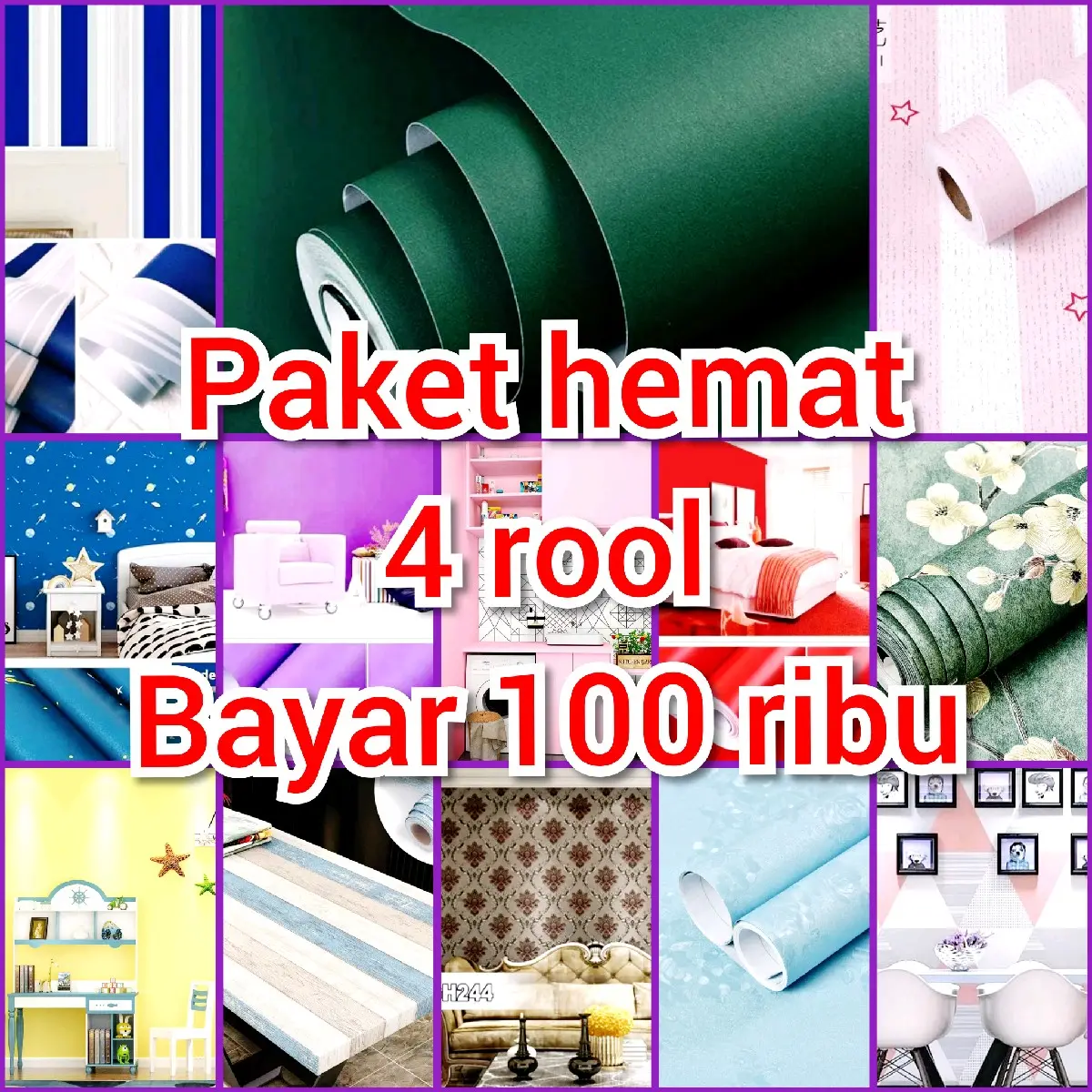 PAKET HEMAT ISI 4 ROL Wallpaper sticker dinding kamar tidur ruang tamu meja kulkas 3d elegan aesthetic motif polos bunga karakter pink ungu putih murah Kertas