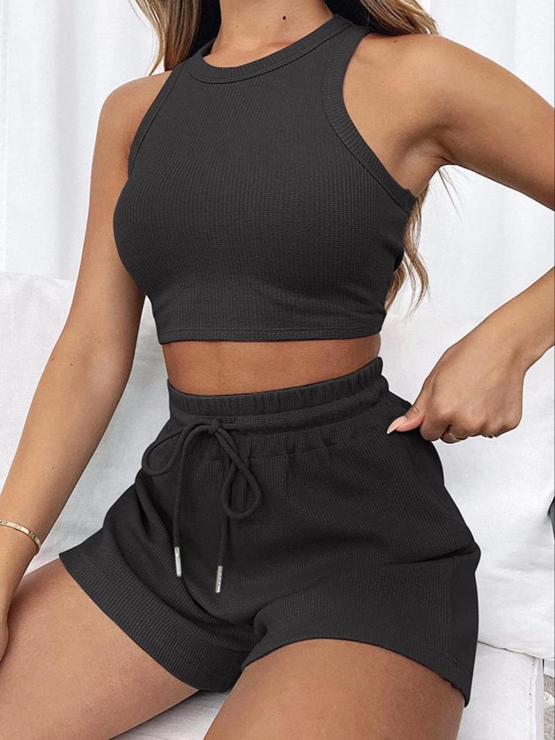 Product Introduction of Two-piece Set Women's Solid Waffle Textured Shorts Two-piece Set, Round Neck Crop Tank Top & Drawstring Pocket Shorts, Two Piece Sets Summer, Ladies Clothes for All Seasons, Matching Set Outfit 13