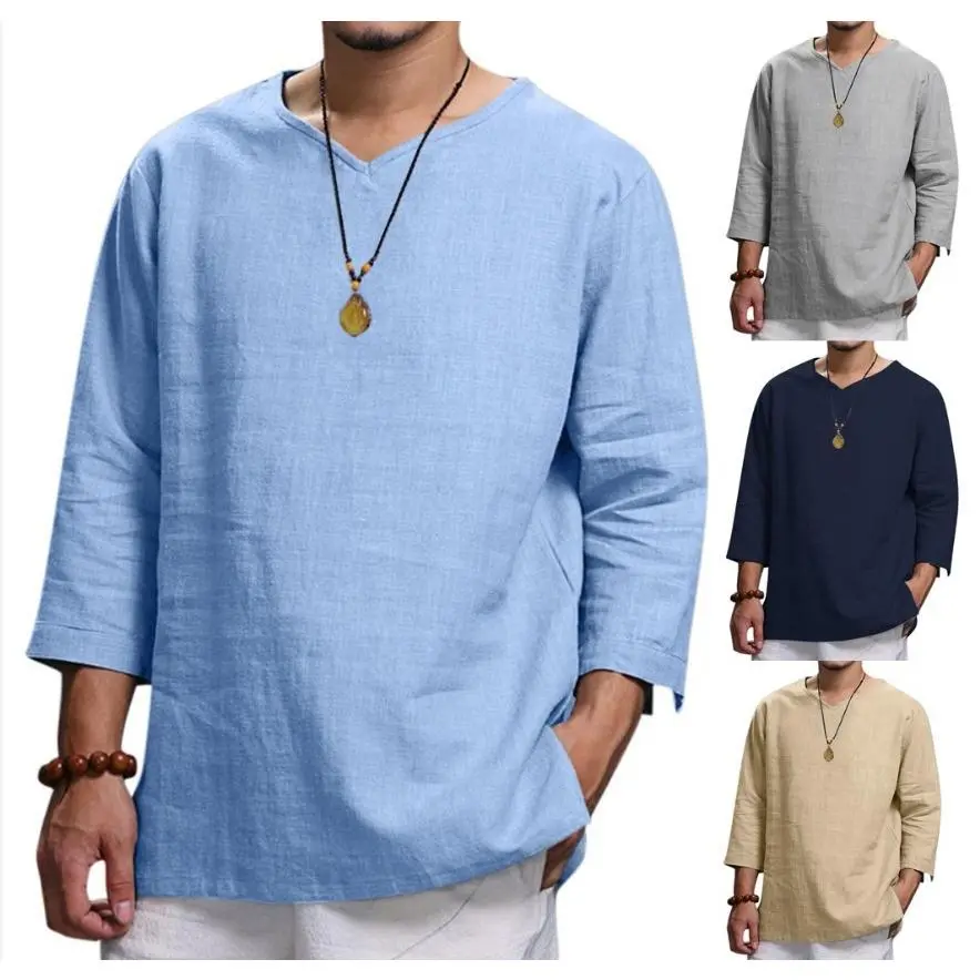 Trending Style V-neck CottonKurta For Men 3/4Sleeve Size 4XL-M Fashion Style Kurta Men Outfit Men's Summer Eidoutfit Summer Must Have Men's Baju Kurta Looking Kung Fu Shirts Untuk Husband Or Anak Male Loose Fit  Plain Cotton Shirts