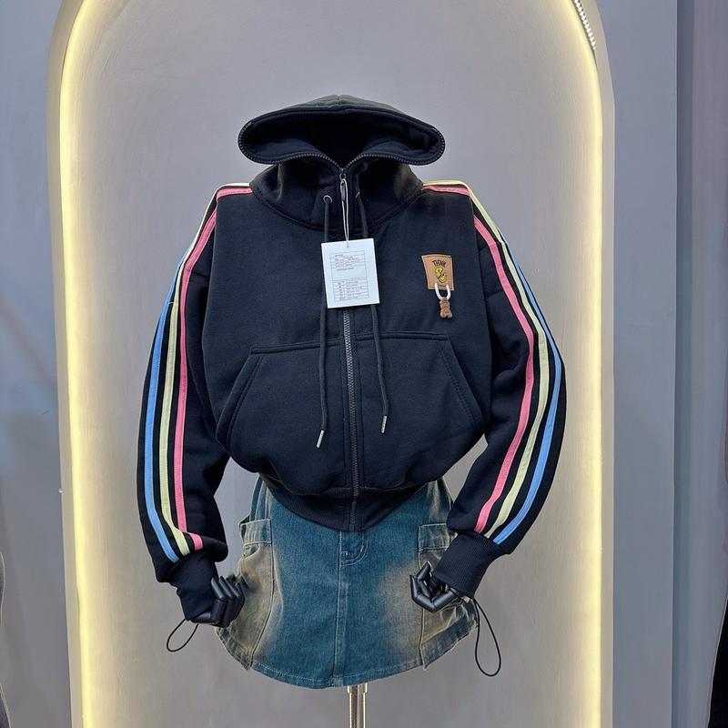 ÁO KHOÁC 3 SỌC THÊU LOGO GẤU 6 TÚI - nón to - dây kéo cao - xỏ ngón tay - size từ 38kg-65kg Nữ Jacket Women Top Nhung thông thường thường 3