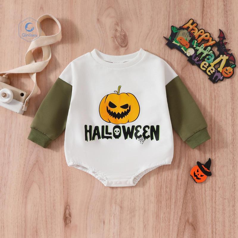 Qinlisey Baby Girls Boys Sweatshirts Rompers Halloween Clothes Letter Pumpkin Print Contrast Color Long Sleeve Toddler Fall Bodysuits 0