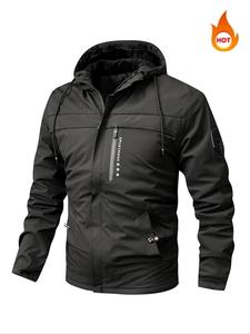 Men's Letter Print Thermal Lined Zip Up Hooded Jacket, Regular Fit Casual Patched Detail Drawstring Pocket Outerwear for Winter, Men's Clothes for Daily Wear