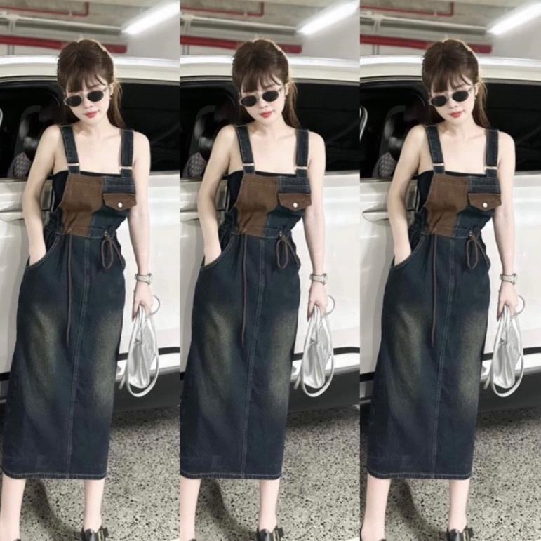  Váy yếm jean phối nâu dây cho nữ  yếm váy jeans xanh dây rút dáng dài mặc đi chơi siêu xinh 